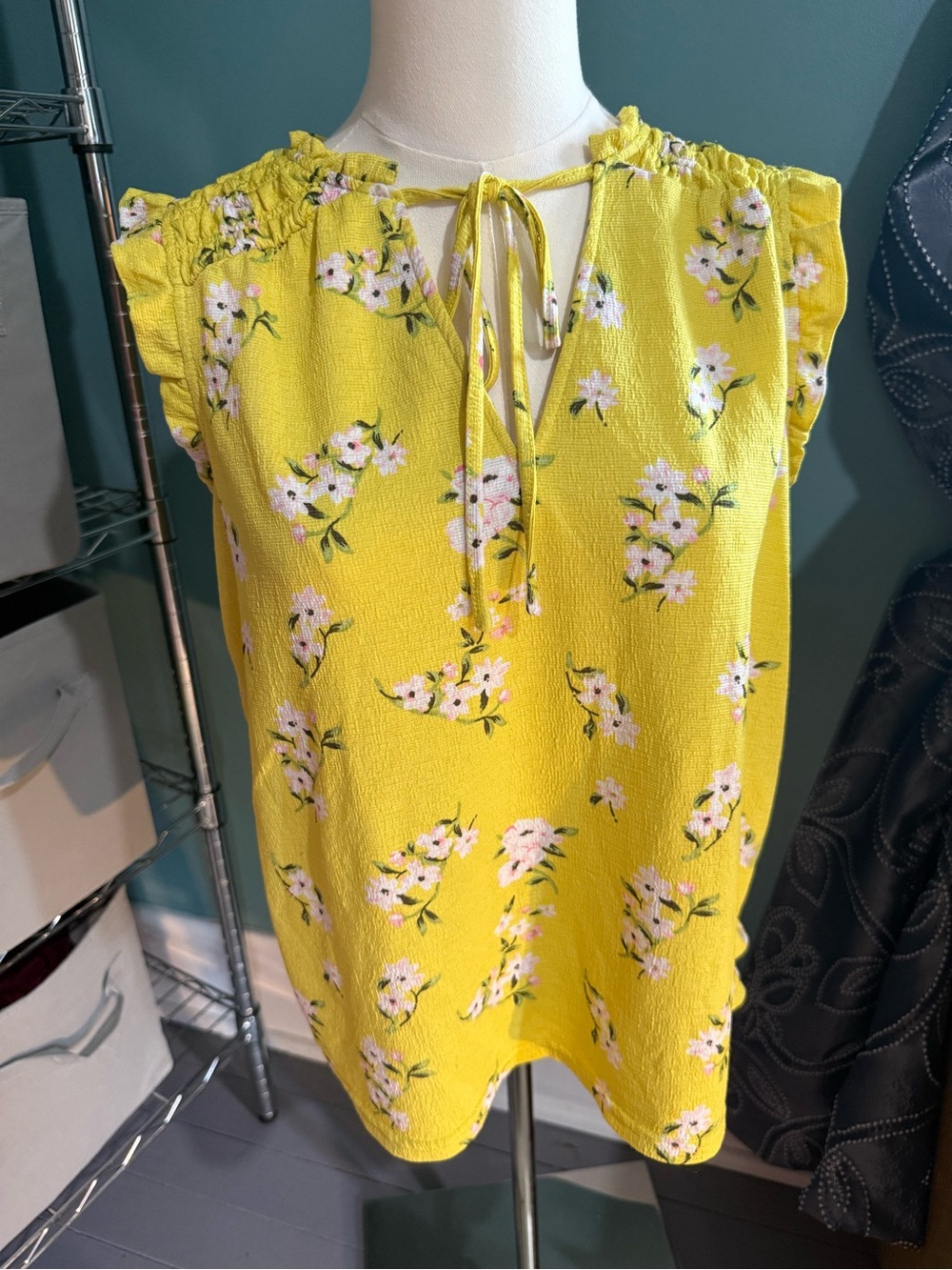 Melloday Small Yellow Floral Smocked Ruffle Sleeve Boho Blouse Tie Neck